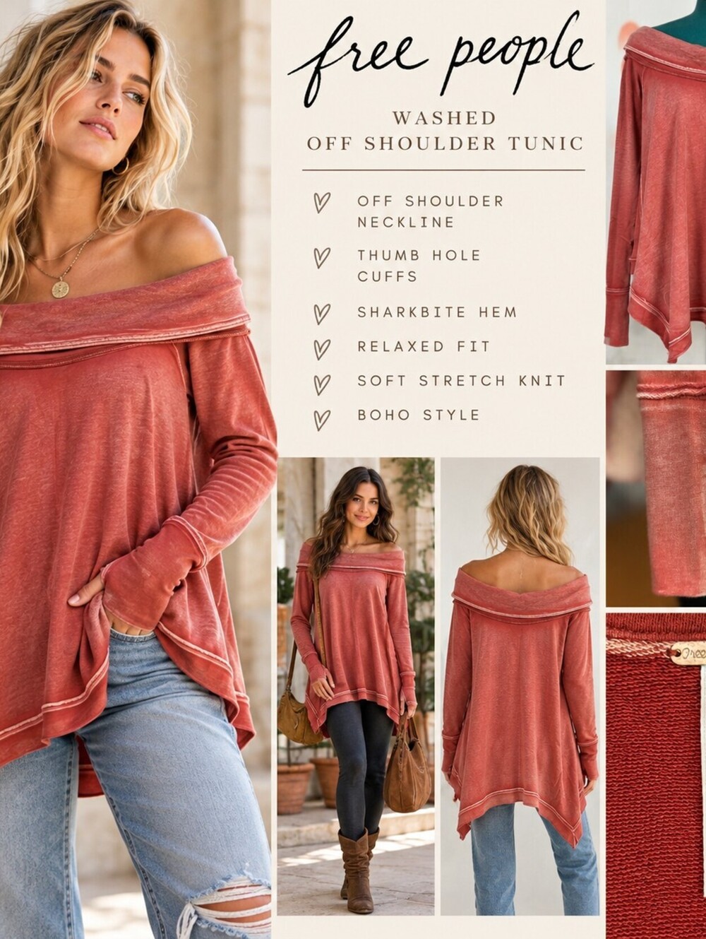 Free People M Washed Rust Off Shoulder Tunic Top Sharkbite Hem Thumbholes Boho